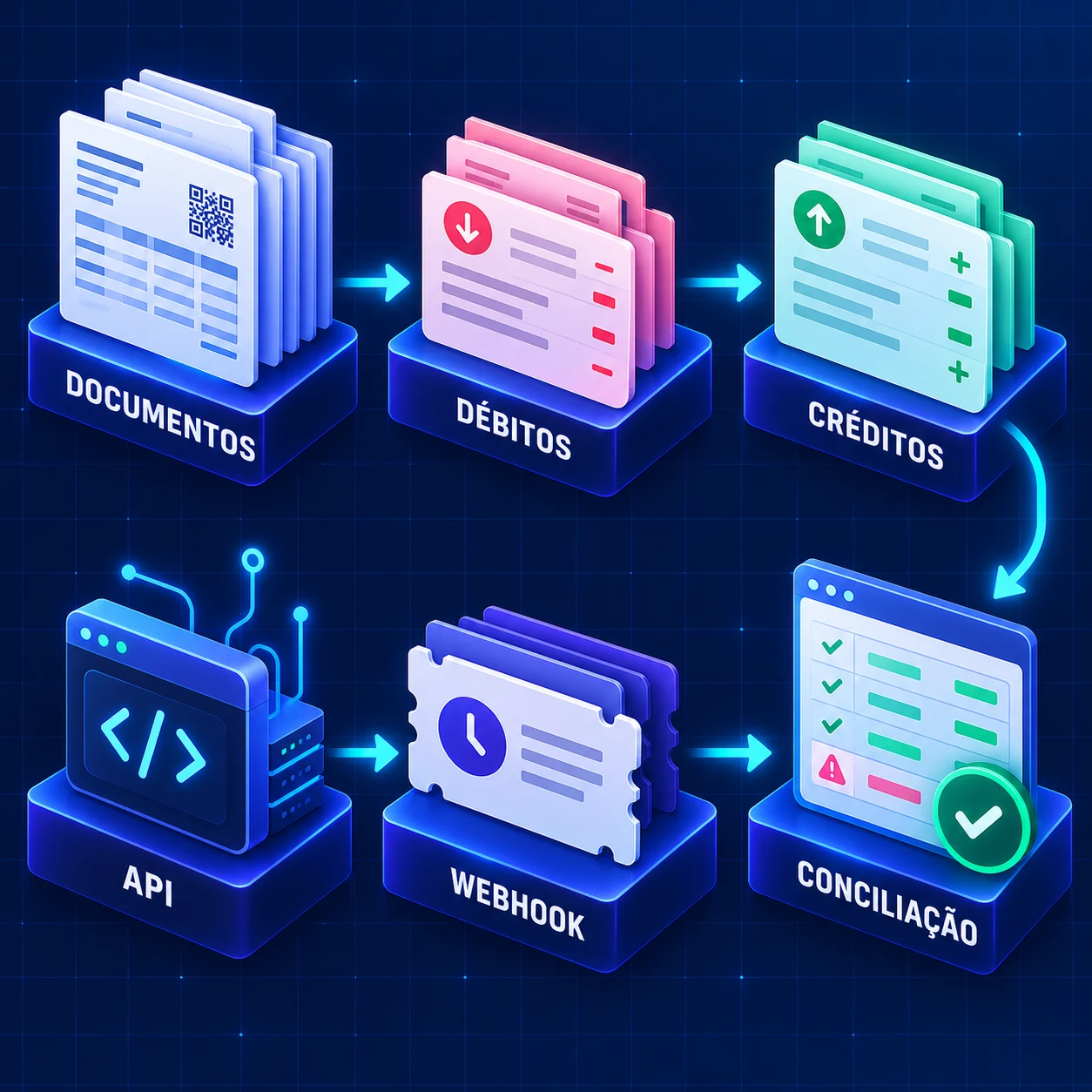 Fluxo da apuração da CBS conecta documentos, débitos, créditos, API, webhook e conciliação