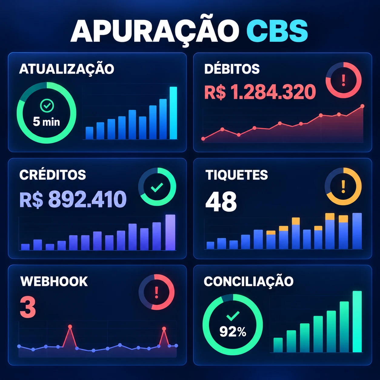 Painel da apuração da CBS mostra atualização, débitos, créditos, tíquetes, webhook e conciliação
