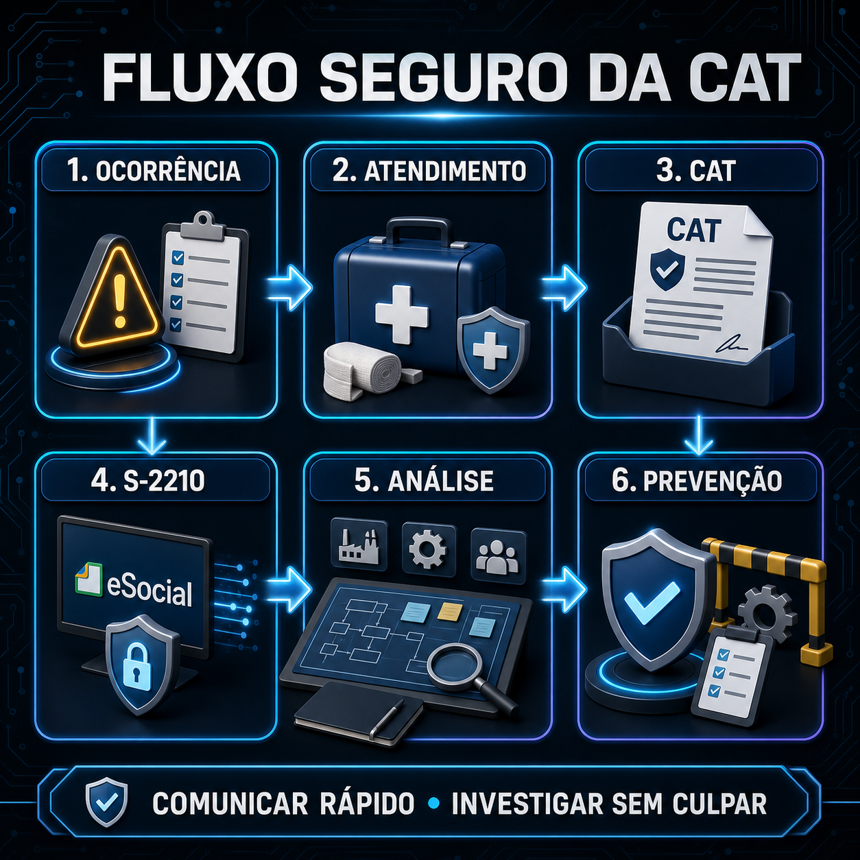 Fluxo seguro da CAT em seis etapas ligando ocorrência, atendimento, CAT, S-2210, análise e prevenção