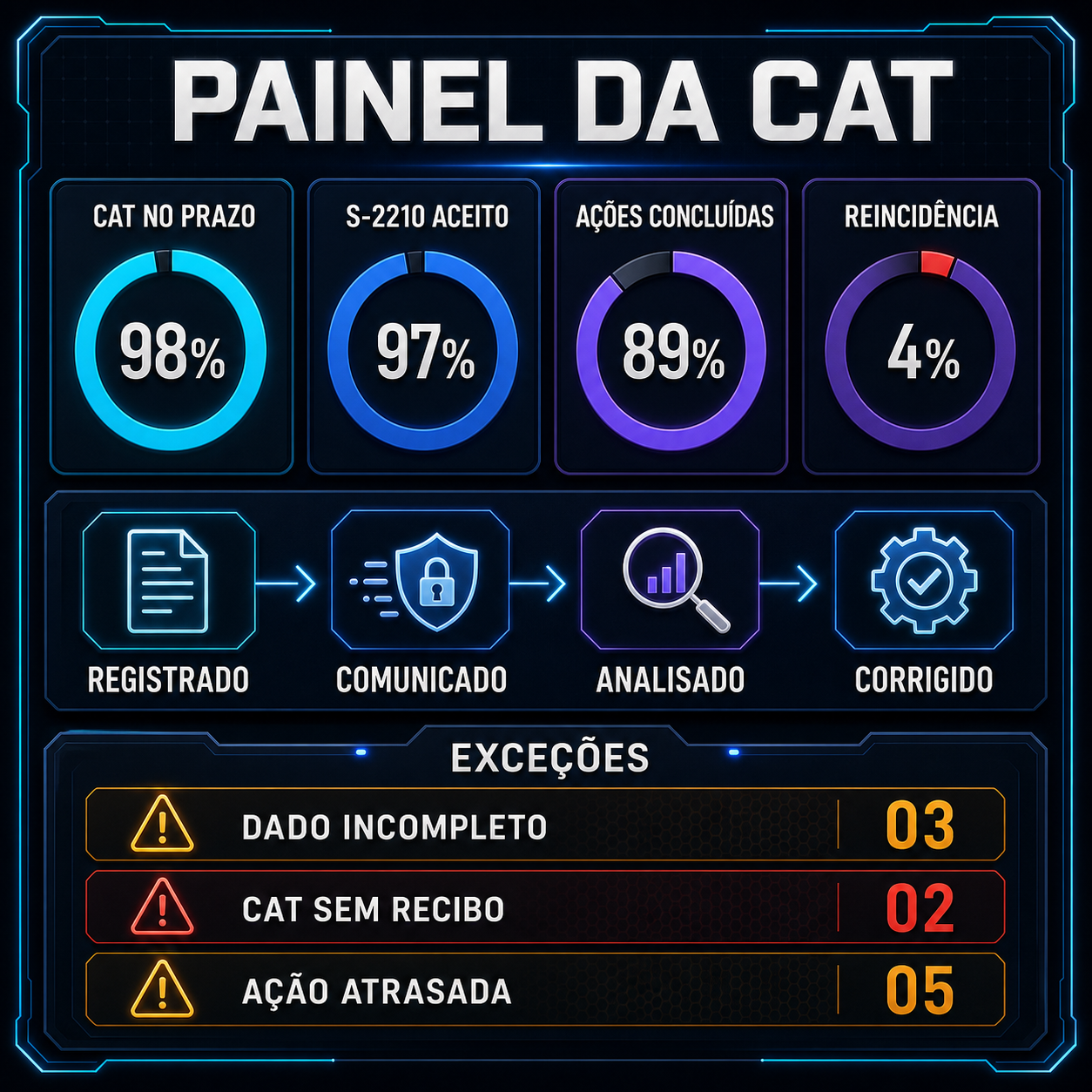 Painel da CAT com prazo, S-2210 aceito, ações concluídas, reincidência e fila de exceções