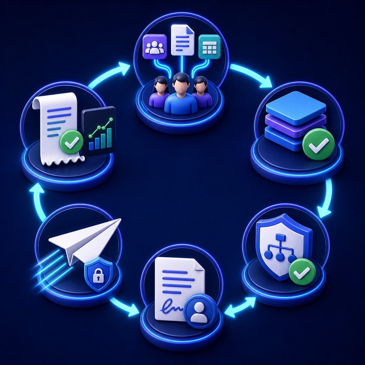 Fluxo de seis etapas para origens, conciliação, regras, aprovação, transmissão e monitoramento da DCTFWeb