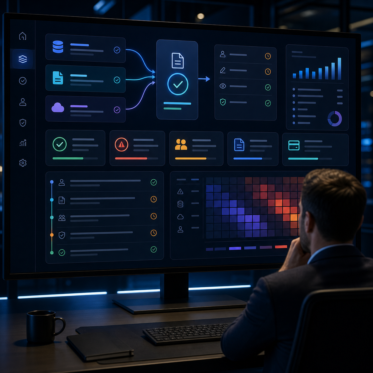 Painel operacional com origens, divergências, aprovações, transmissão e monitoramento da DCTFWeb