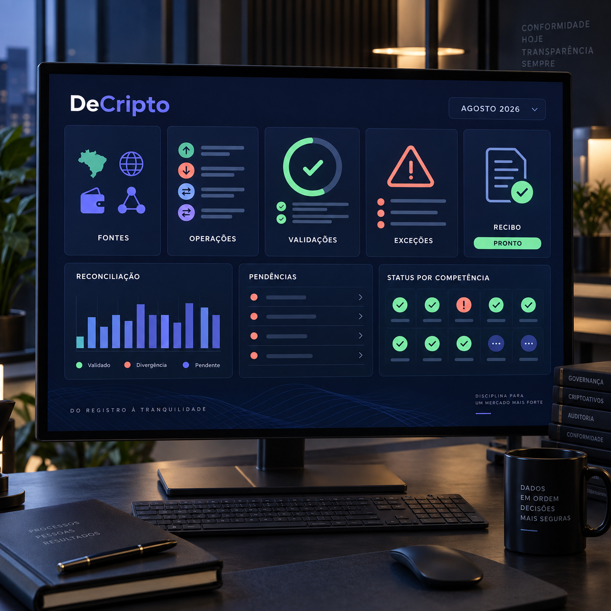 Painel de governança da DeCripto com fontes, operações, validações, exceções e recibo