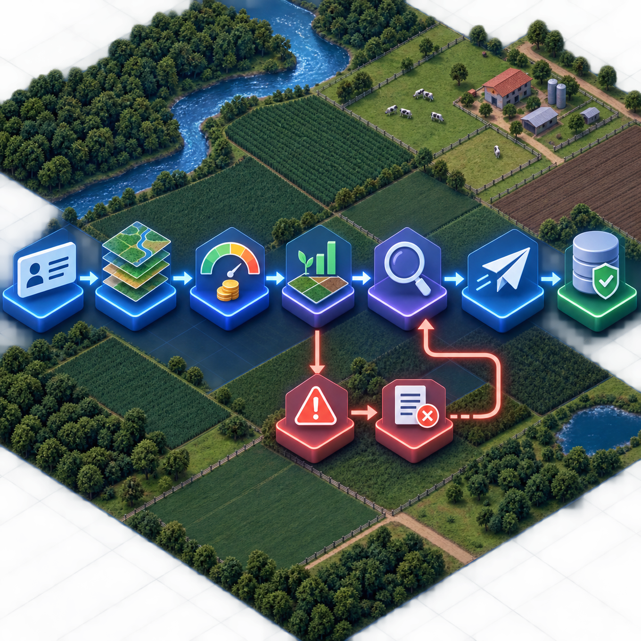 Fluxo da DITR entre identidade do imóvel, mapa, VTN, uso, revisão, transmissão e recibo