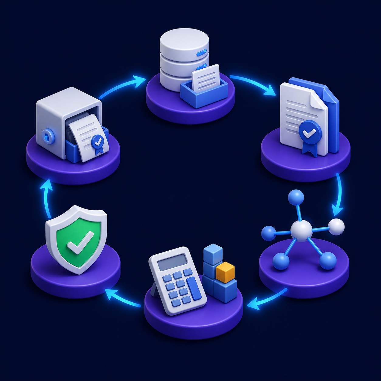 Fluxo circular de seis etapas entre fontes, recuperações, mapeamento, cálculo, validação e recibo da ECF