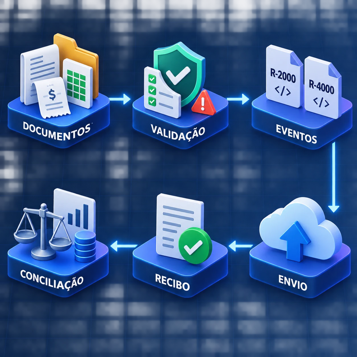 Fluxo da EFD-Reinf liga documentos, validação, eventos, envio, recibo e conciliação