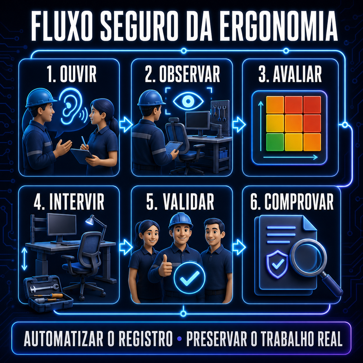 Fluxo seguro da ergonomia em seis etapas para ouvir, observar, avaliar, intervir, validar e comprovar