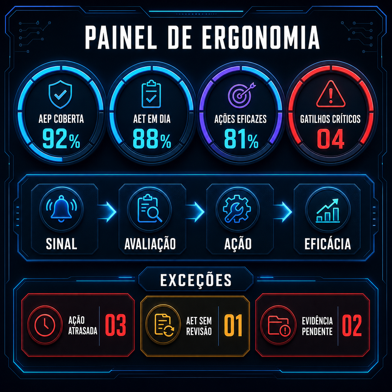 Painel de ergonomia com cobertura de AEP, AET em dia, ações eficazes, gatilhos e exceções