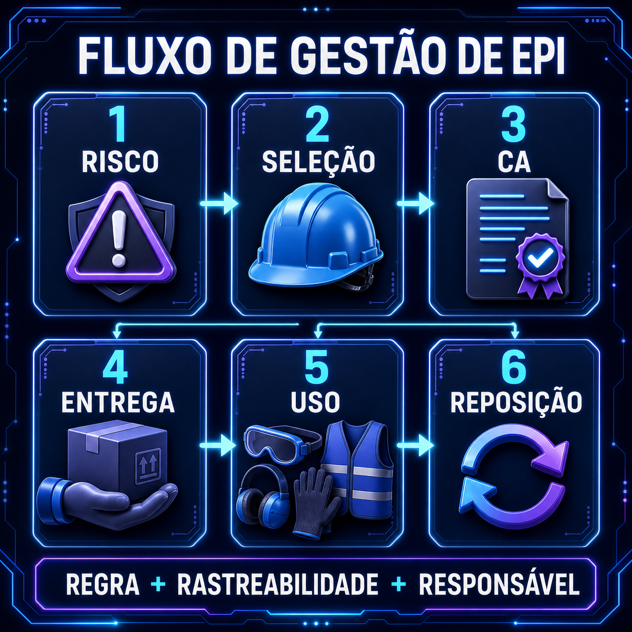 Fluxo de gestão de EPI em seis etapas ligando risco, seleção, CA, entrega, uso e reposição