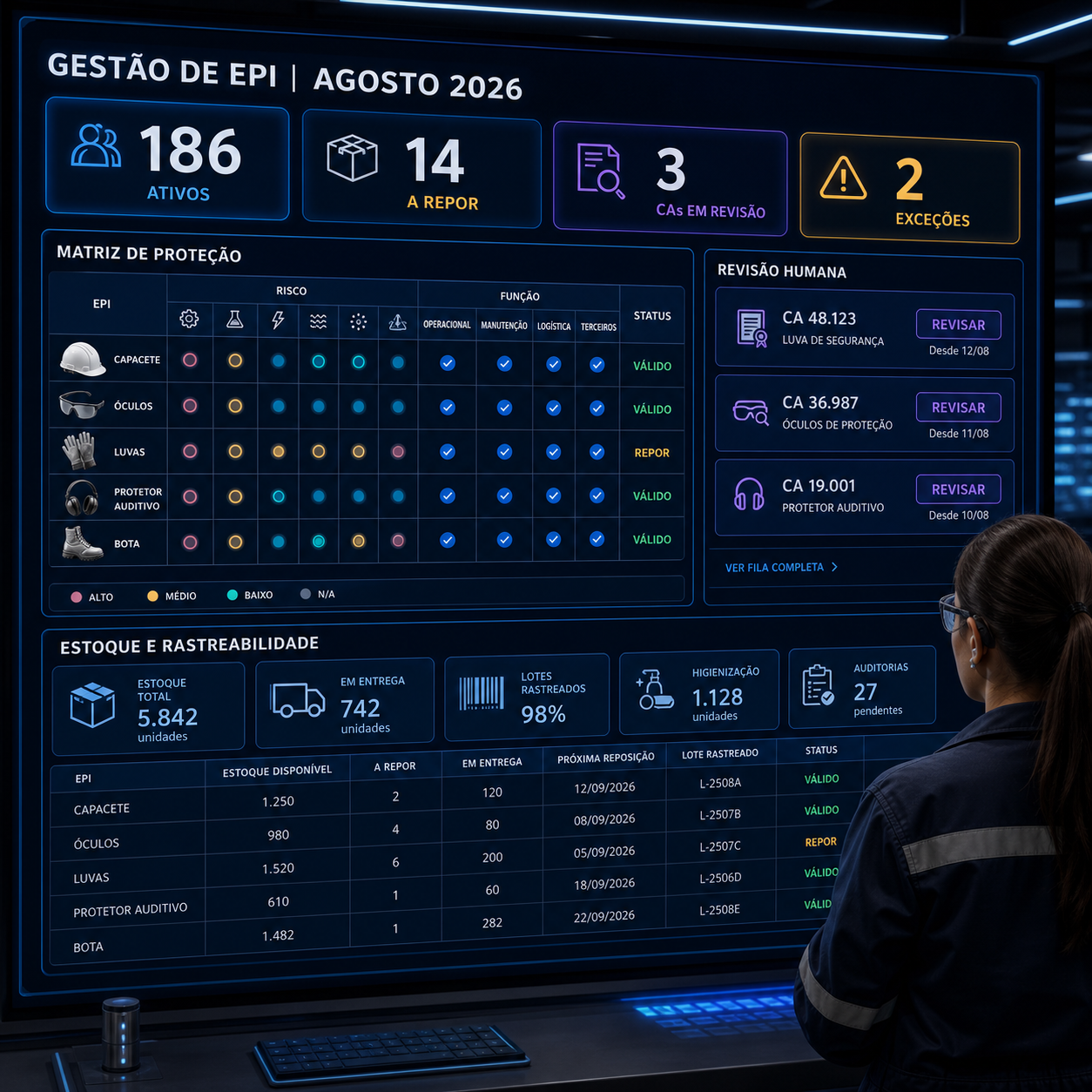 Painel de gestão de EPI exibindo matriz de proteção, estoque, CAs em revisão, reposições e rastreabilidade