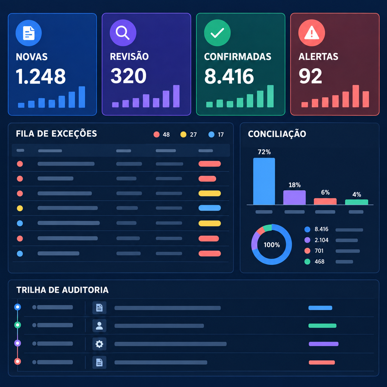 Fluxo em sete etapas para capturar, validar, conciliar, classificar, aprovar, transmitir e arquivar NF-e