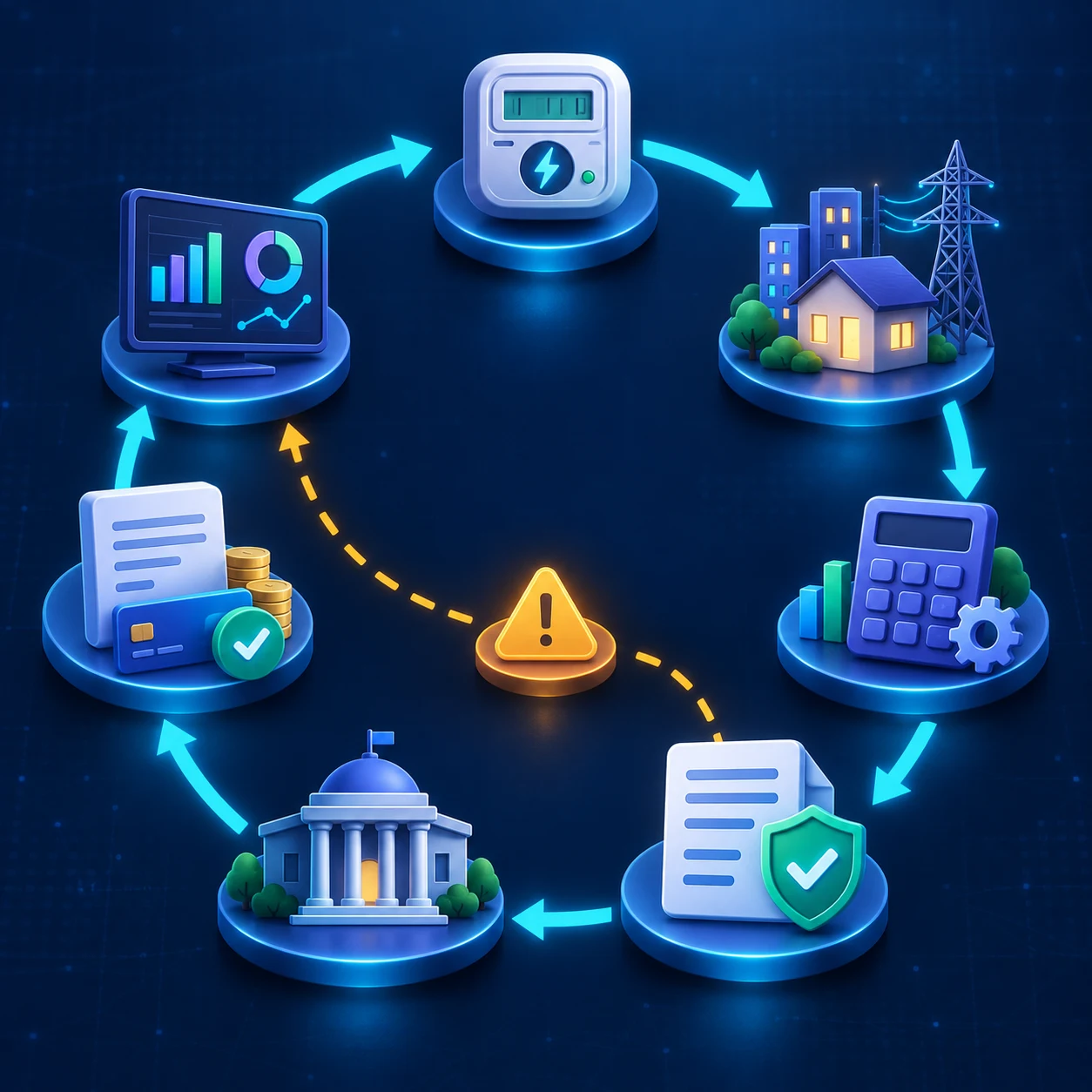 Fluxo conecta medidor, unidade consumidora, tarifa, XML, autorização, pagamento e conciliação com ramo de exceção