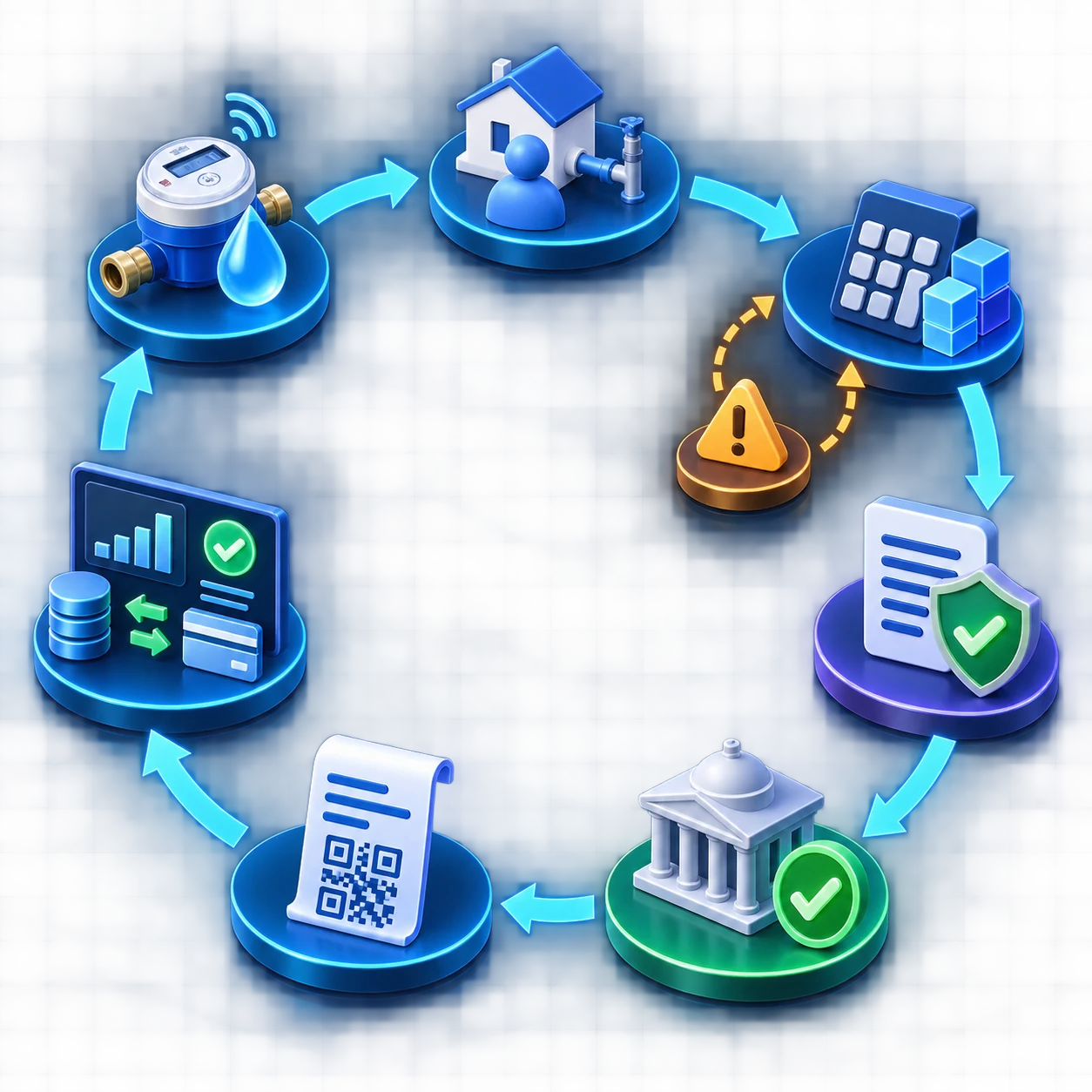 Fluxo conecta medidor, ligação, cálculo, XML, autorização, documento, pagamento e conciliação com ramo de exceção