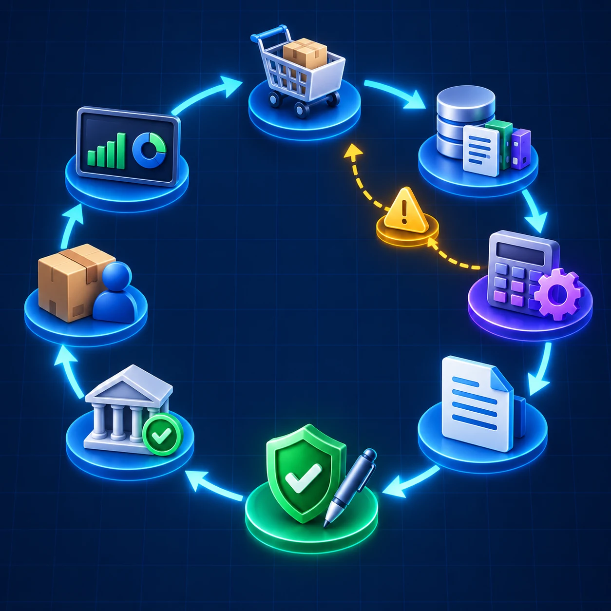 Fluxo circular conecta venda, catálogo, cálculo, XML, assinatura, autorização, entrega e conciliação, com ramo de exceção
