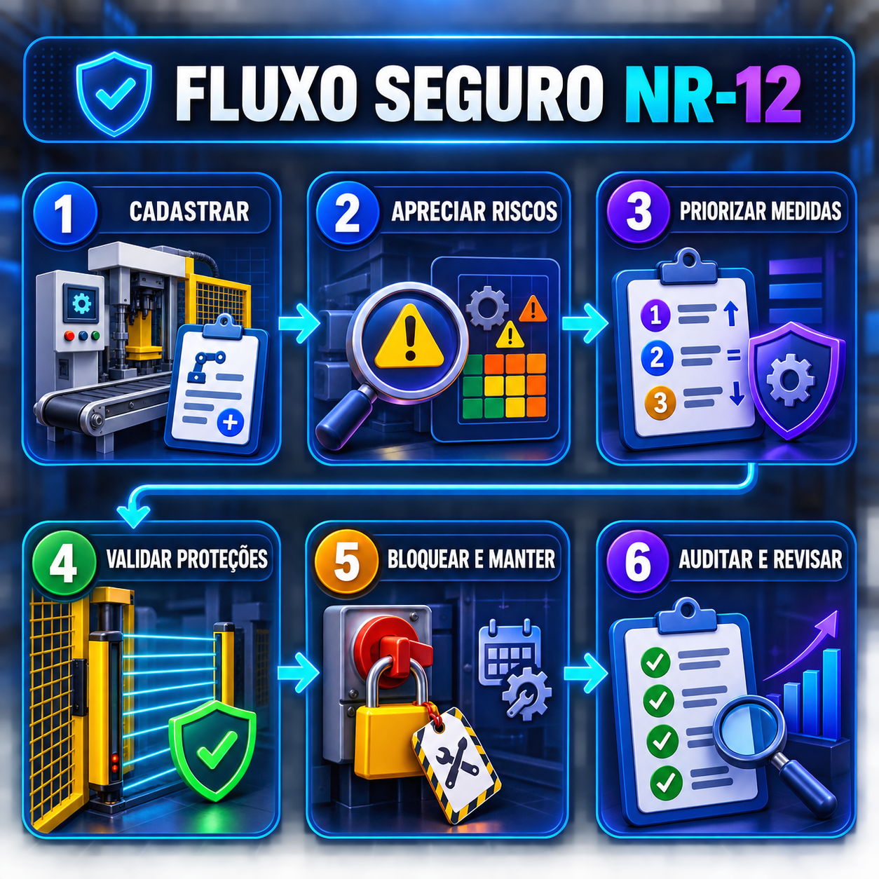 Fluxo seguro NR-12 em seis etapas: cadastrar, apreciar riscos, priorizar medidas, validar proteções, bloquear e manter, auditar e revisar