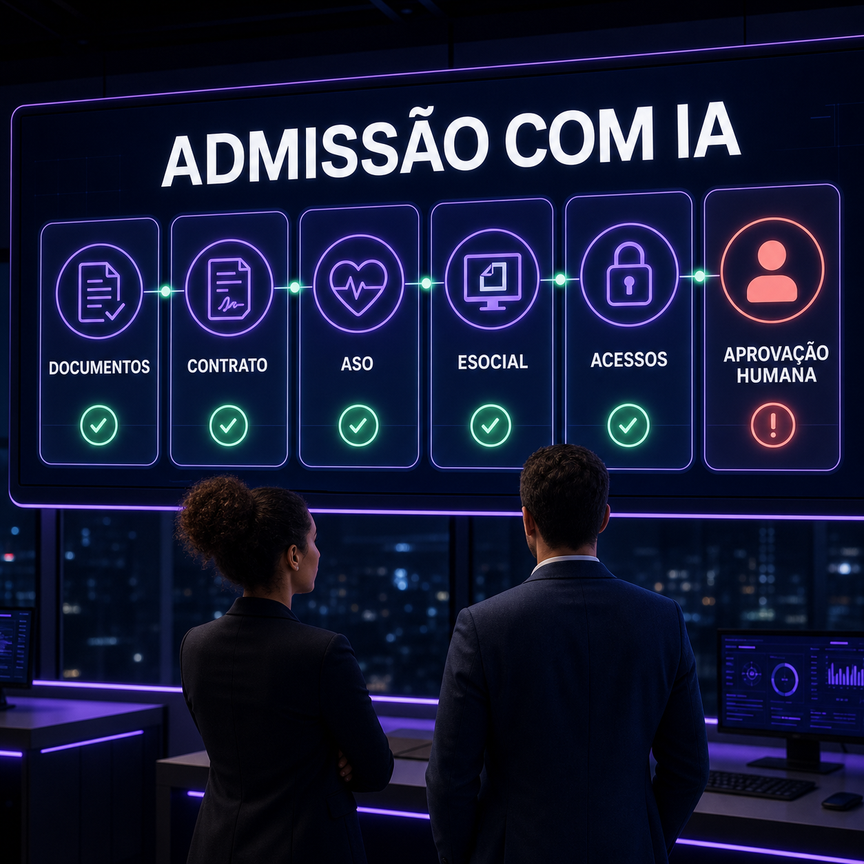 Painel de automação da admissão de funcionários com seis etapas e validação humana