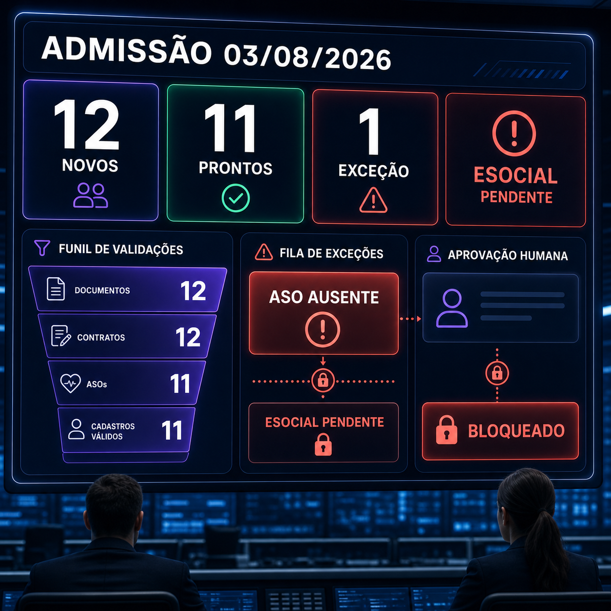 Painel da admissão com doze casos, uma exceção de ASO e aprovação bloqueada