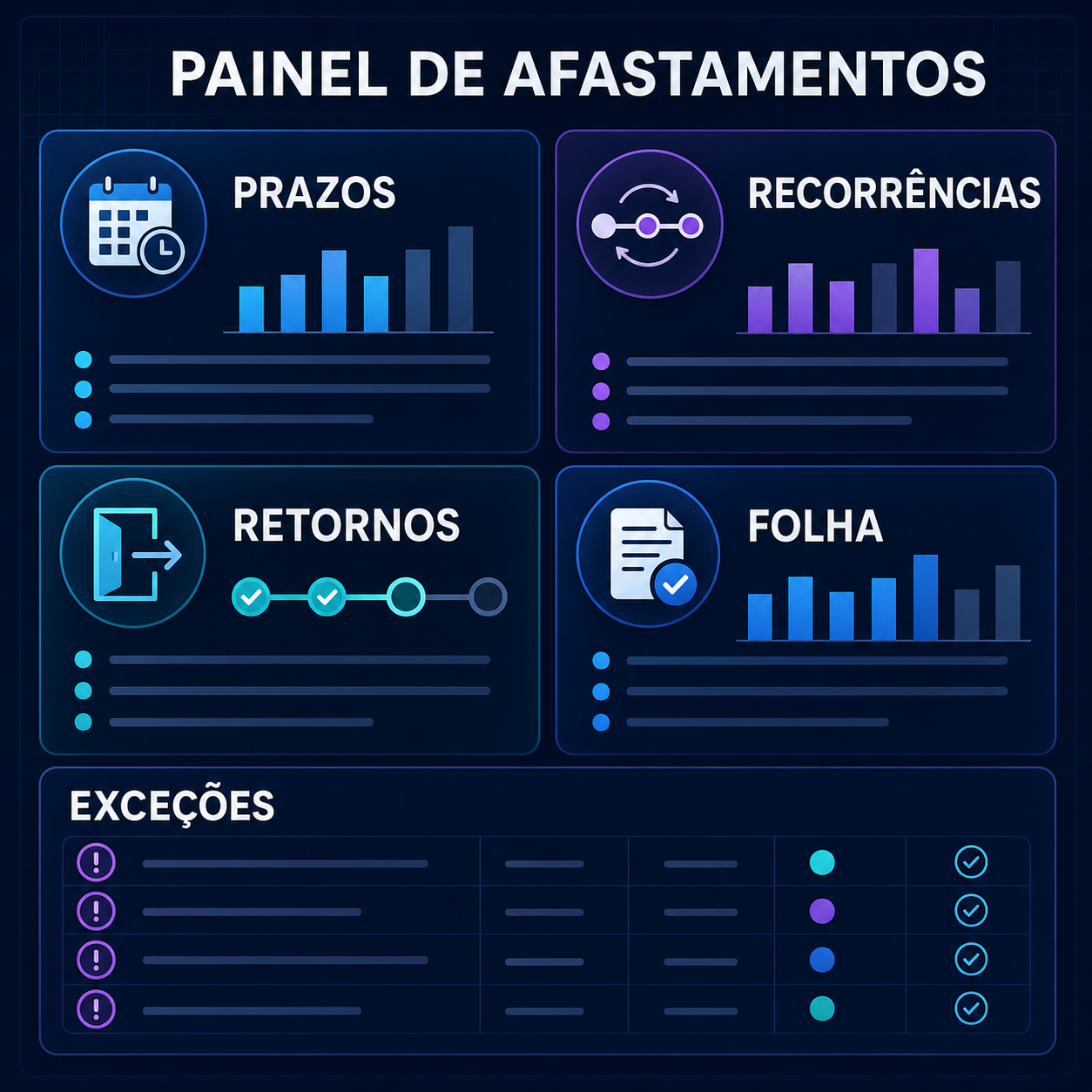 Painel de afastamentos com prazos, recorrências, retornos, folha e fila de exceções sem dados médicos individuais