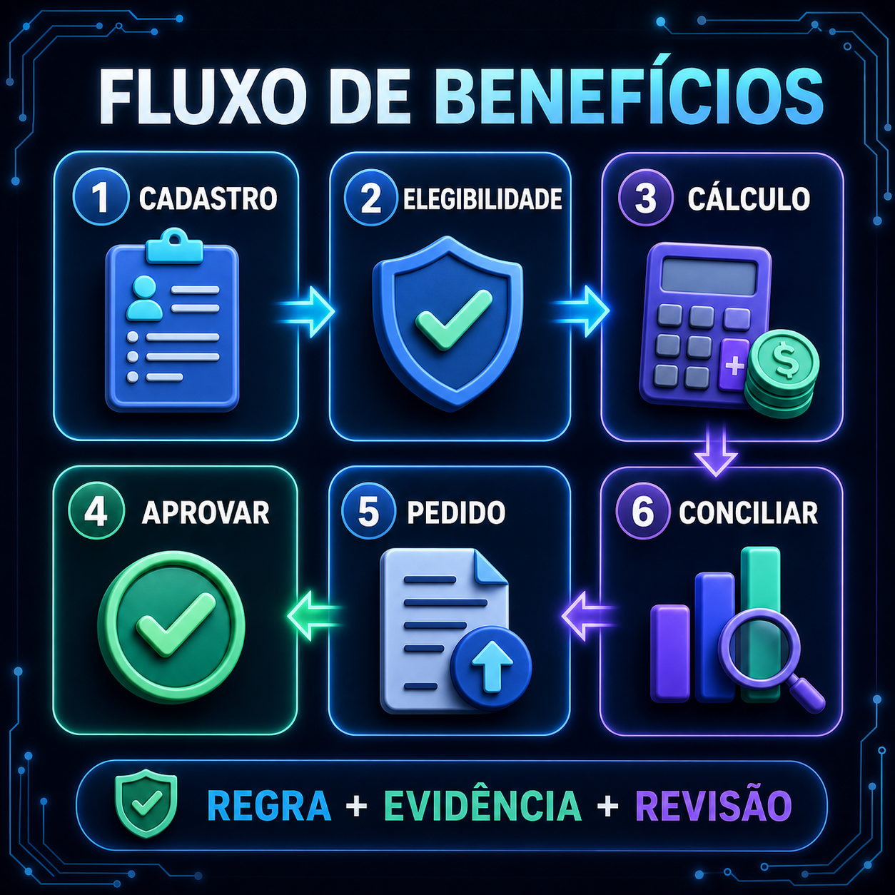 Fluxo em seis etapas para cadastrar, validar, calcular, aprovar, pedir e conciliar benefícios corporativos