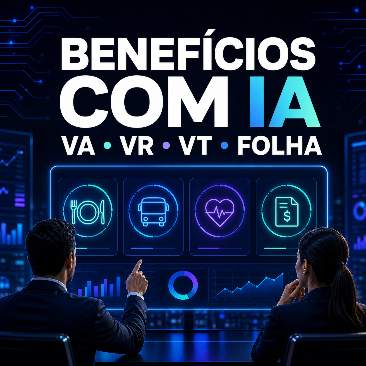 Automação de benefícios corporativos com IA conectando VA, VR, VT e folha