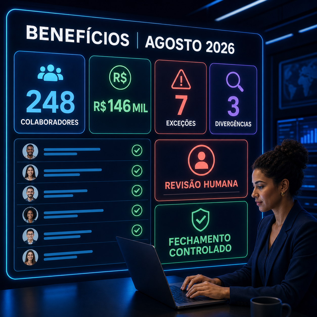 Painel de benefícios mostrando colaboradores, valor, exceções, divergências e revisão humana
