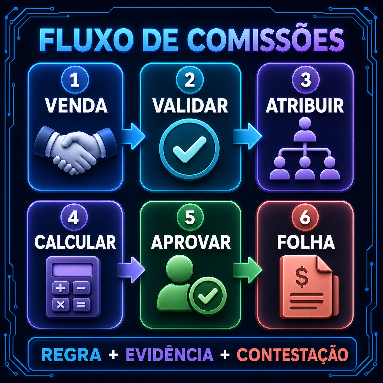 Fluxo de comissões com venda, validação, atribuição, cálculo, aprovação e folha