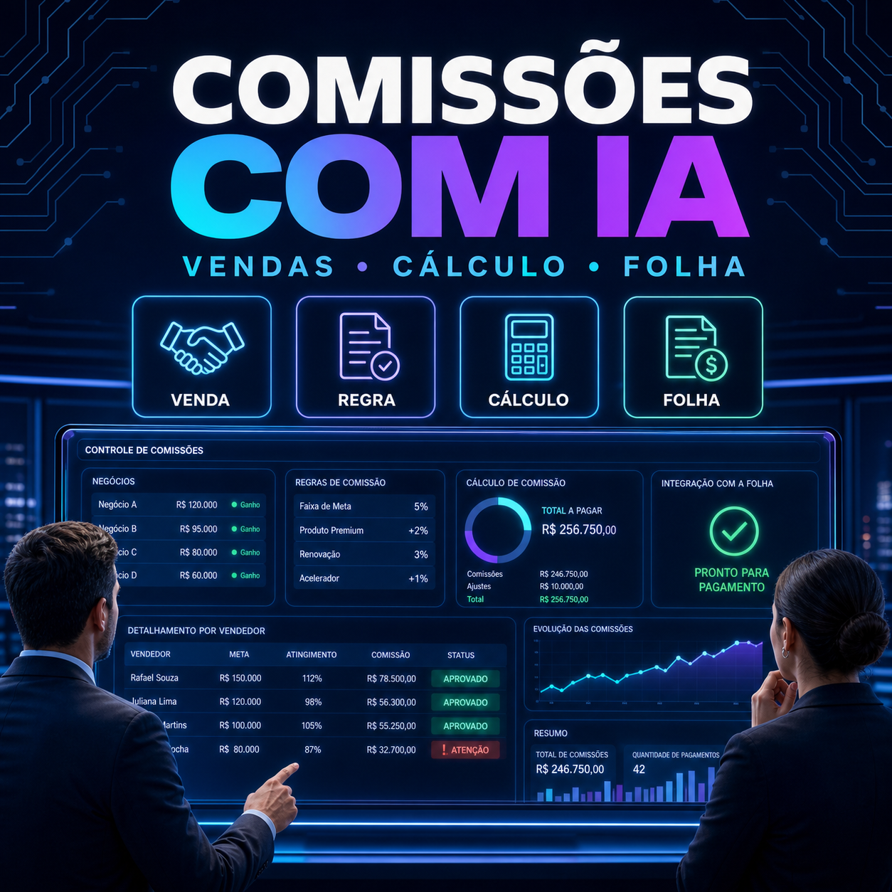 Automação de comissões de vendas com IA conectando negócios, cálculo e folha