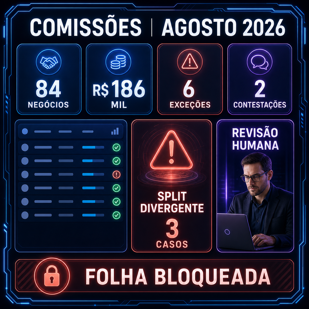 Painel de comissões mostrando negócios, valor calculado, exceções, contestações e revisão humana
