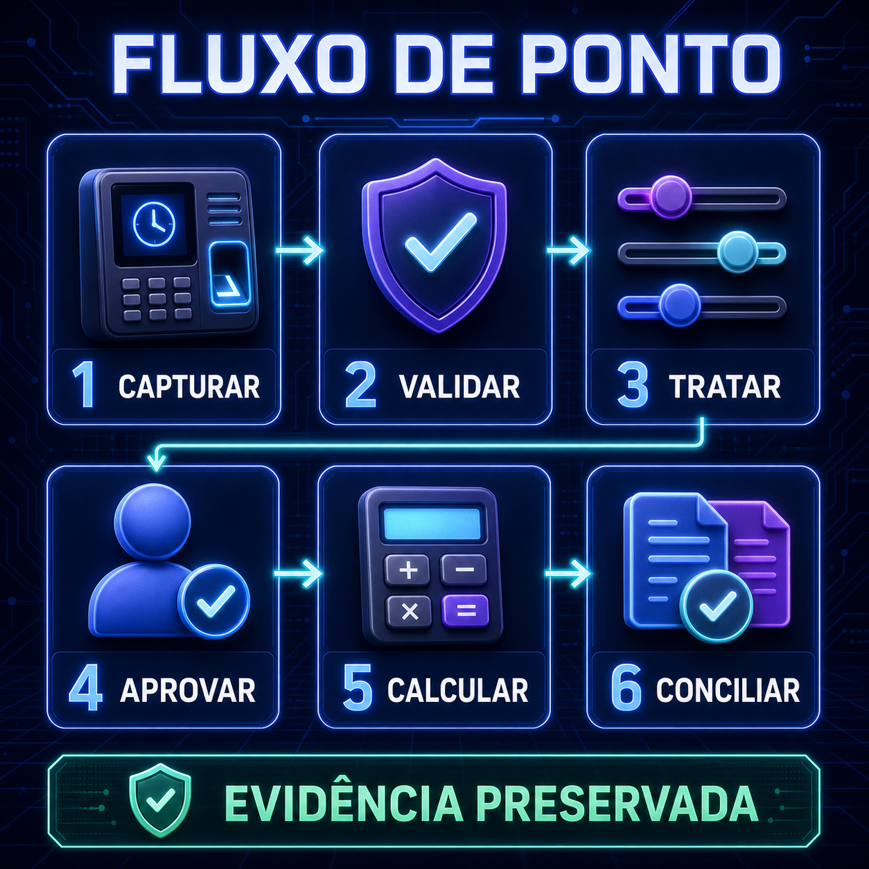 Fluxo de ponto com captura, validação, tratamento, aprovação, cálculo e conciliação