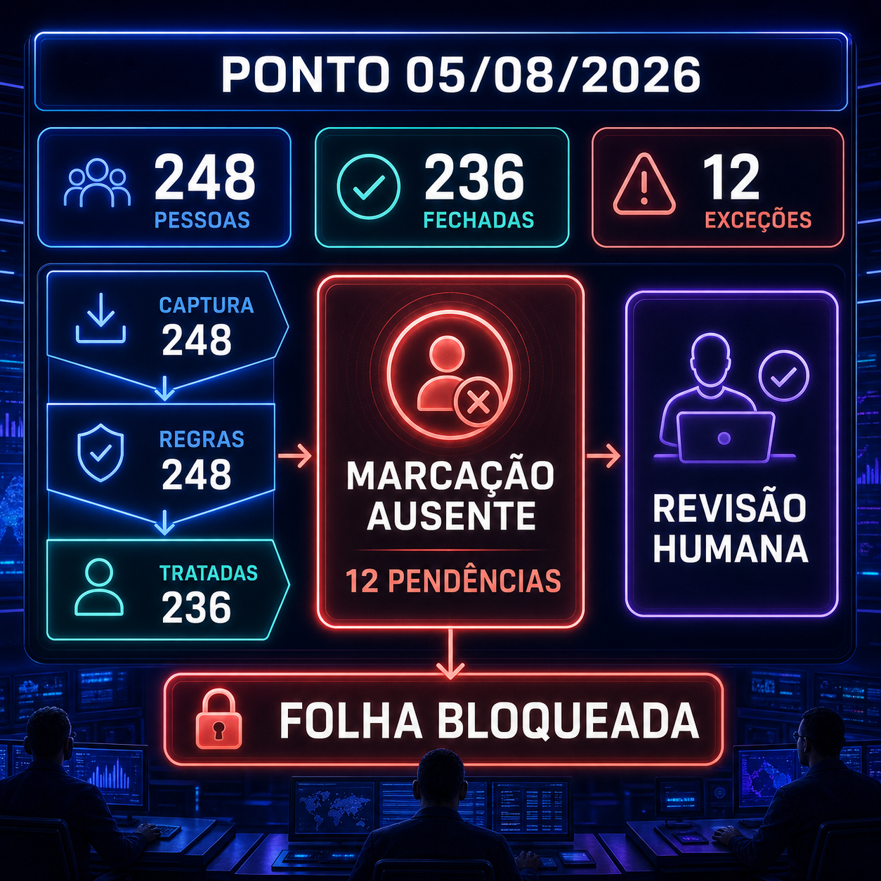 Painel de ponto com 248 pessoas, 236 fechadas e 12 marcações pendentes para revisão