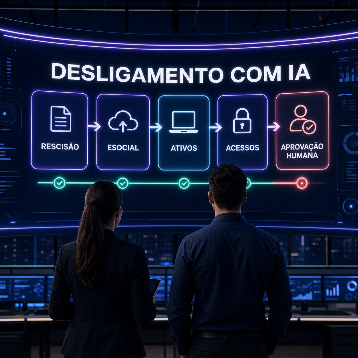 Painel de automação do desligamento com rescisão, eSocial, ativos, acessos e aprovação humana