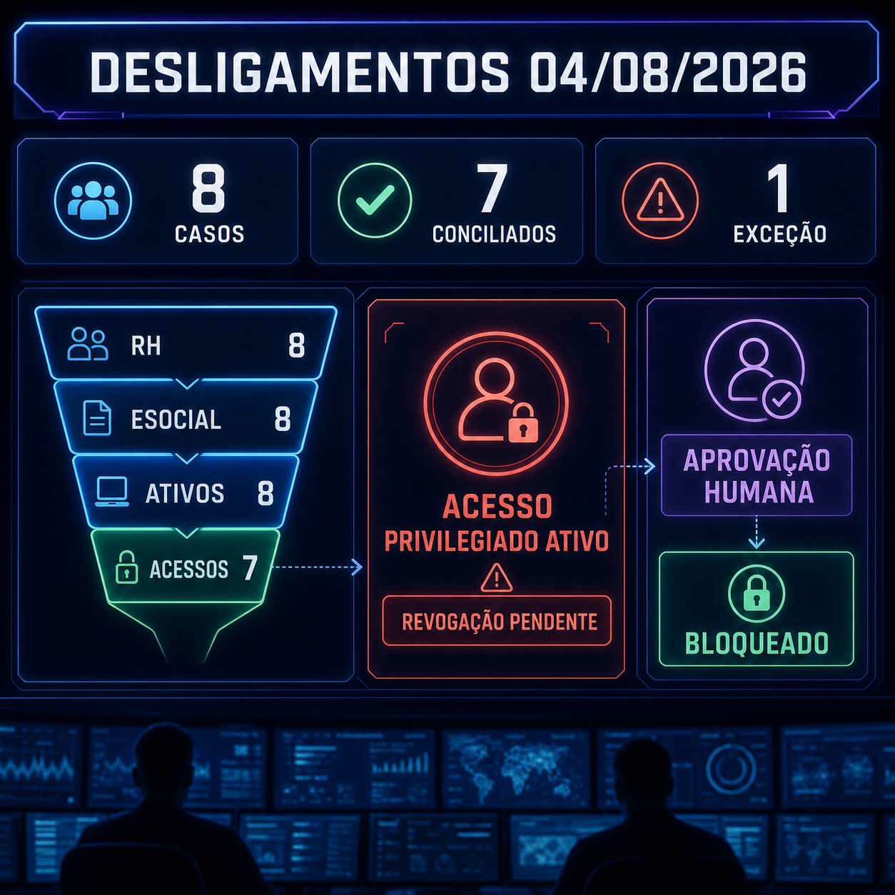 Painel de oito desligamentos com sete casos conciliados e um acesso privilegiado ainda ativo