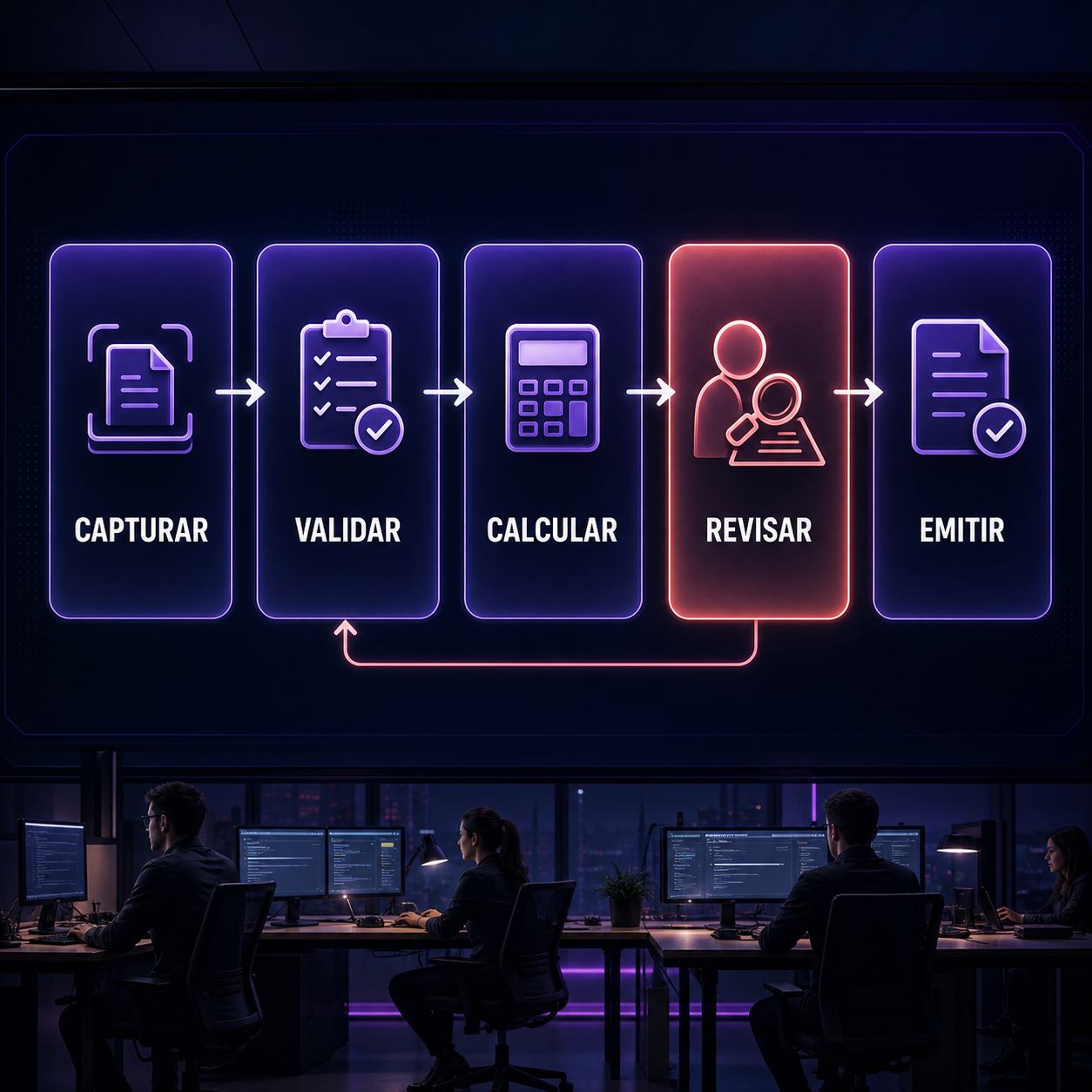Fluxo de emissão de nota fiscal com as etapas capturar, validar, calcular, revisar e emitir