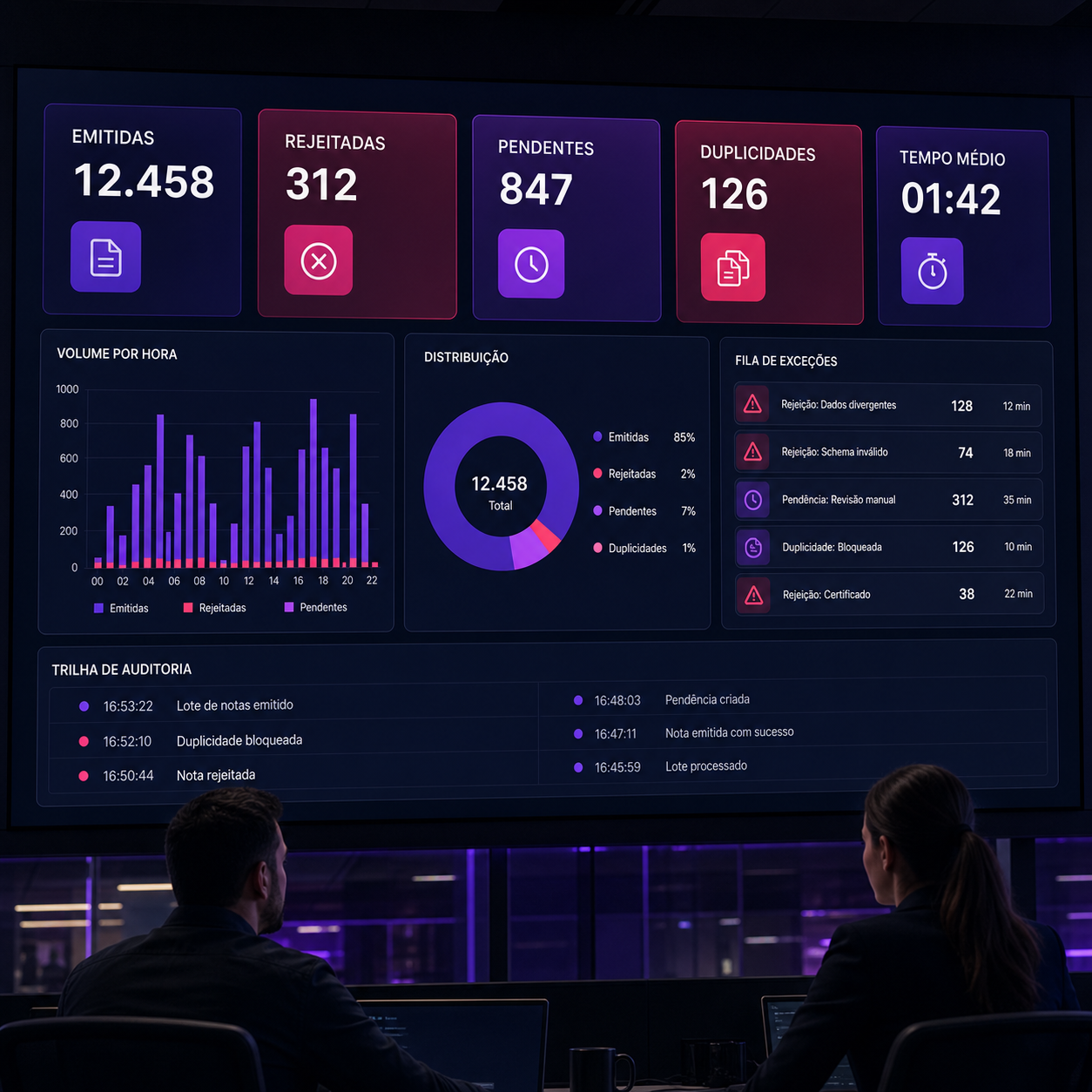 Painel de notas emitidas, rejeitadas, pendentes, duplicidades e tempo médio de autorização