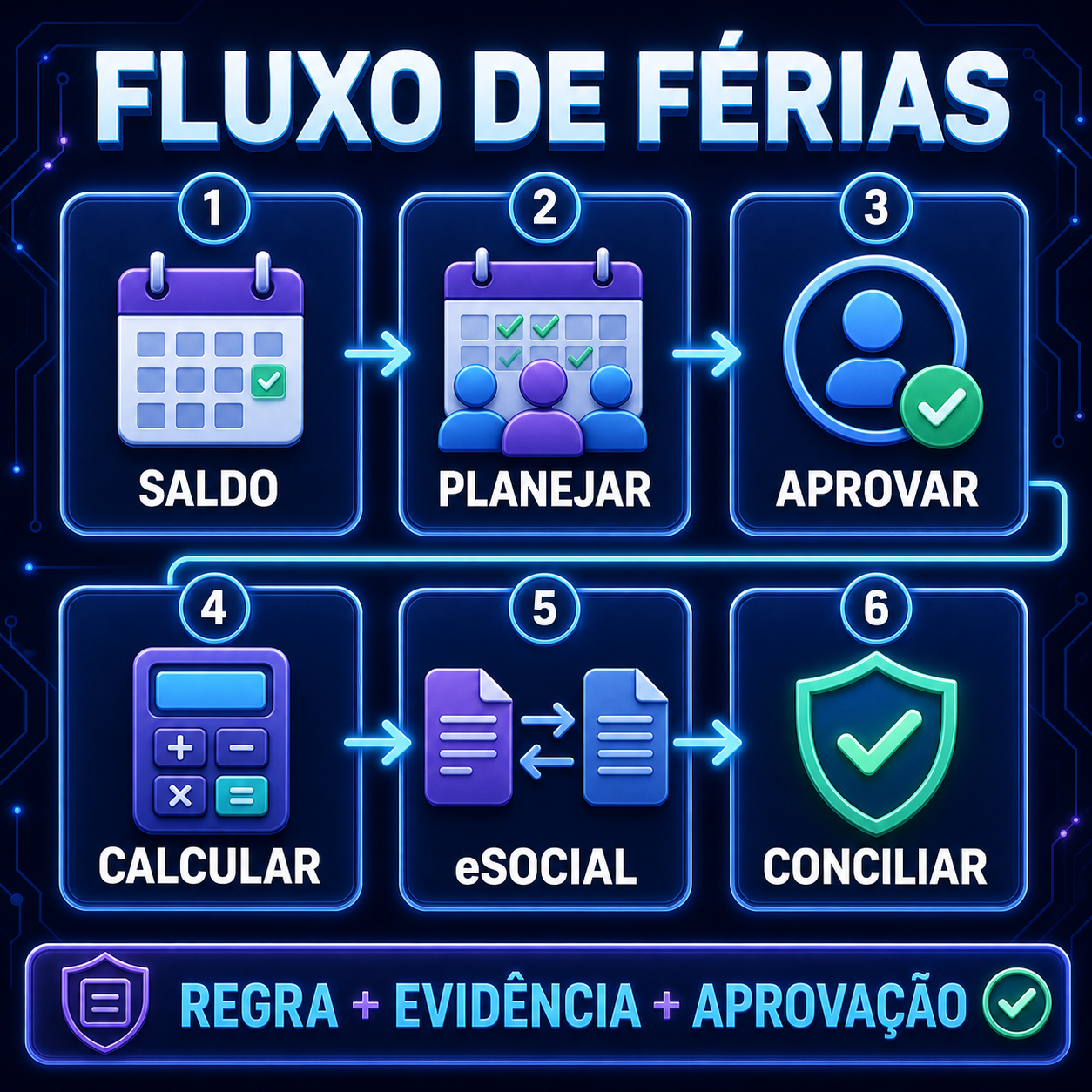 Fluxo de férias com saldo, planejamento, aprovação, cálculo, eSocial e conciliação