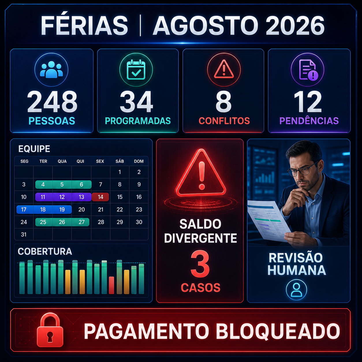 Painel de férias com pessoas, programação, conflitos, pendências e pagamento bloqueado