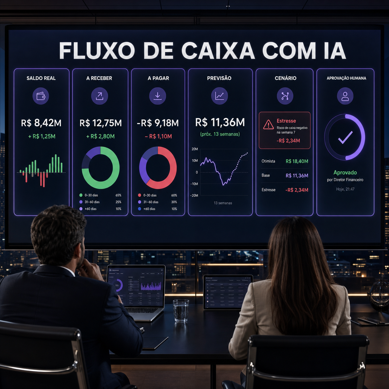 Painel de fluxo de caixa com entradas, saídas, previsão, cenário de estresse e decisão humana