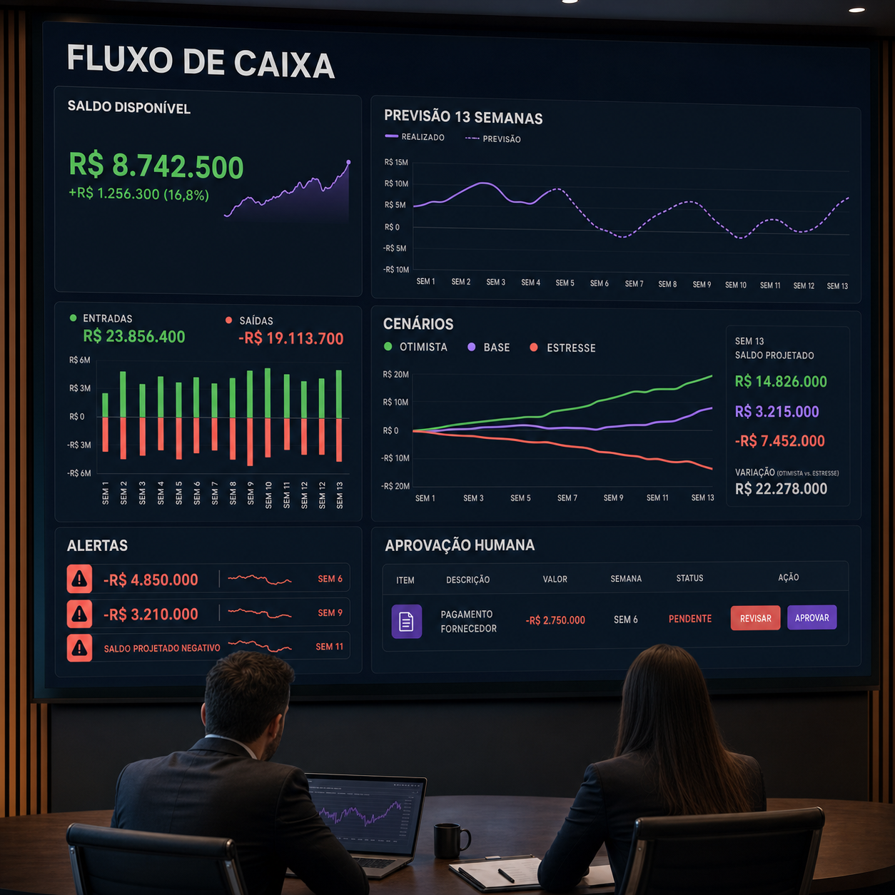 Painel de fluxo de caixa com saldo disponível, previsão de treze semanas, cenários, alertas e aprovação humana