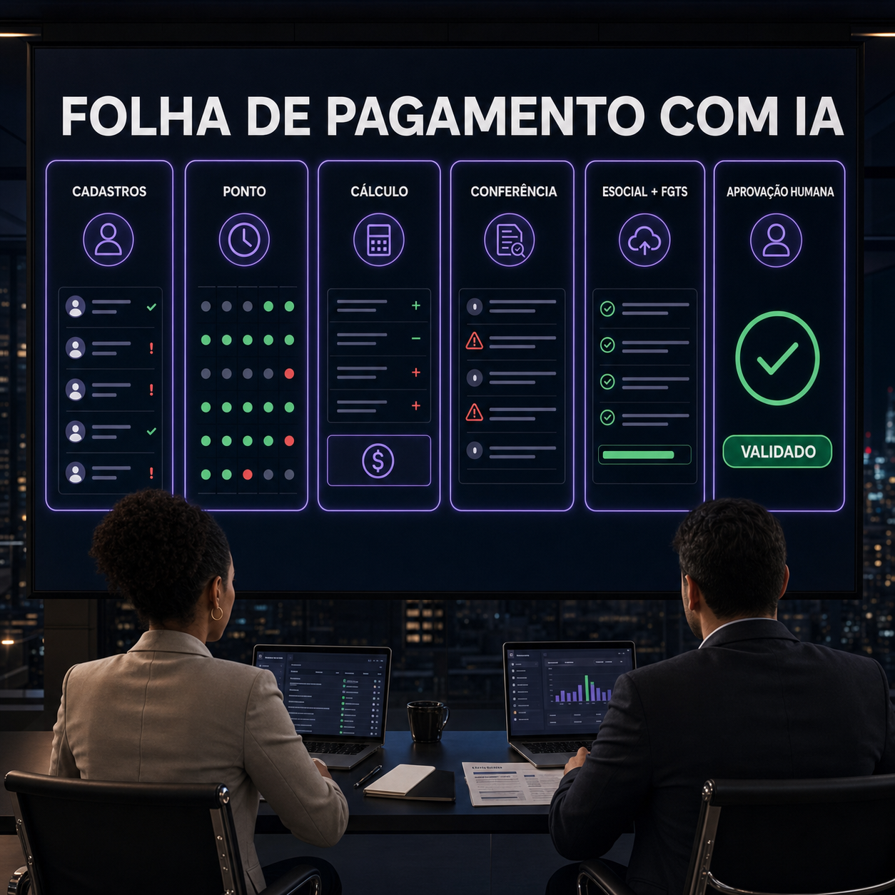 Painel de automação da folha de pagamento com seis etapas e validação humana