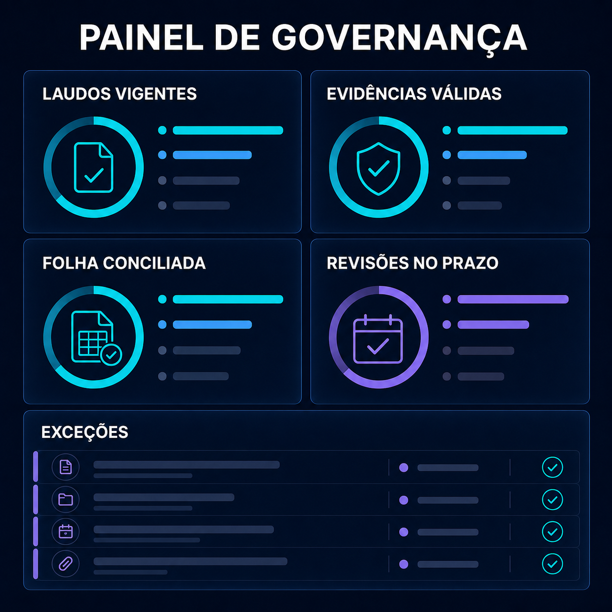 Painel de governança com laudos vigentes, evidências válidas, folha conciliada, revisões no prazo e fila de exceções