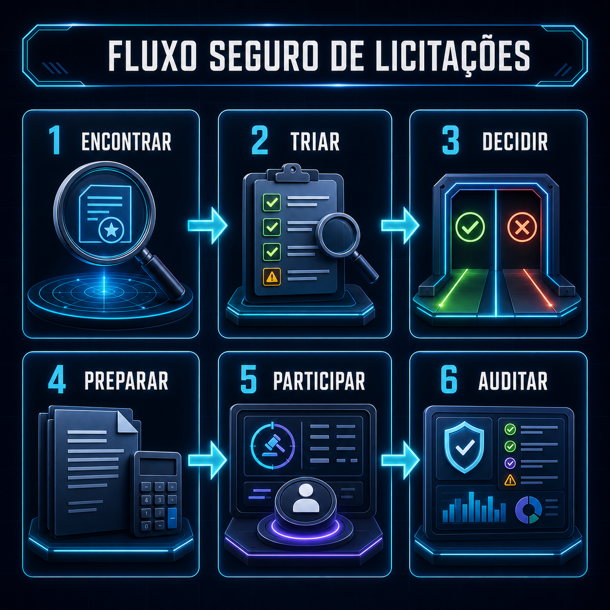 Fluxo seguro de licitações em seis etapas: encontrar, triar, decidir, preparar, participar e auditar