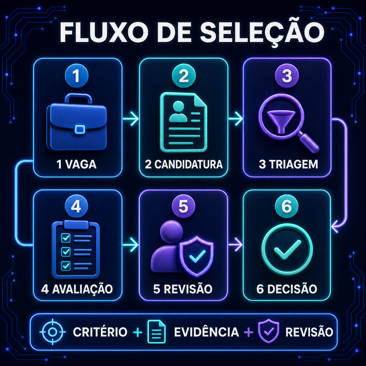 Fluxo de seleção em seis etapas ligando vaga, candidatura, triagem, avaliação, revisão e decisão