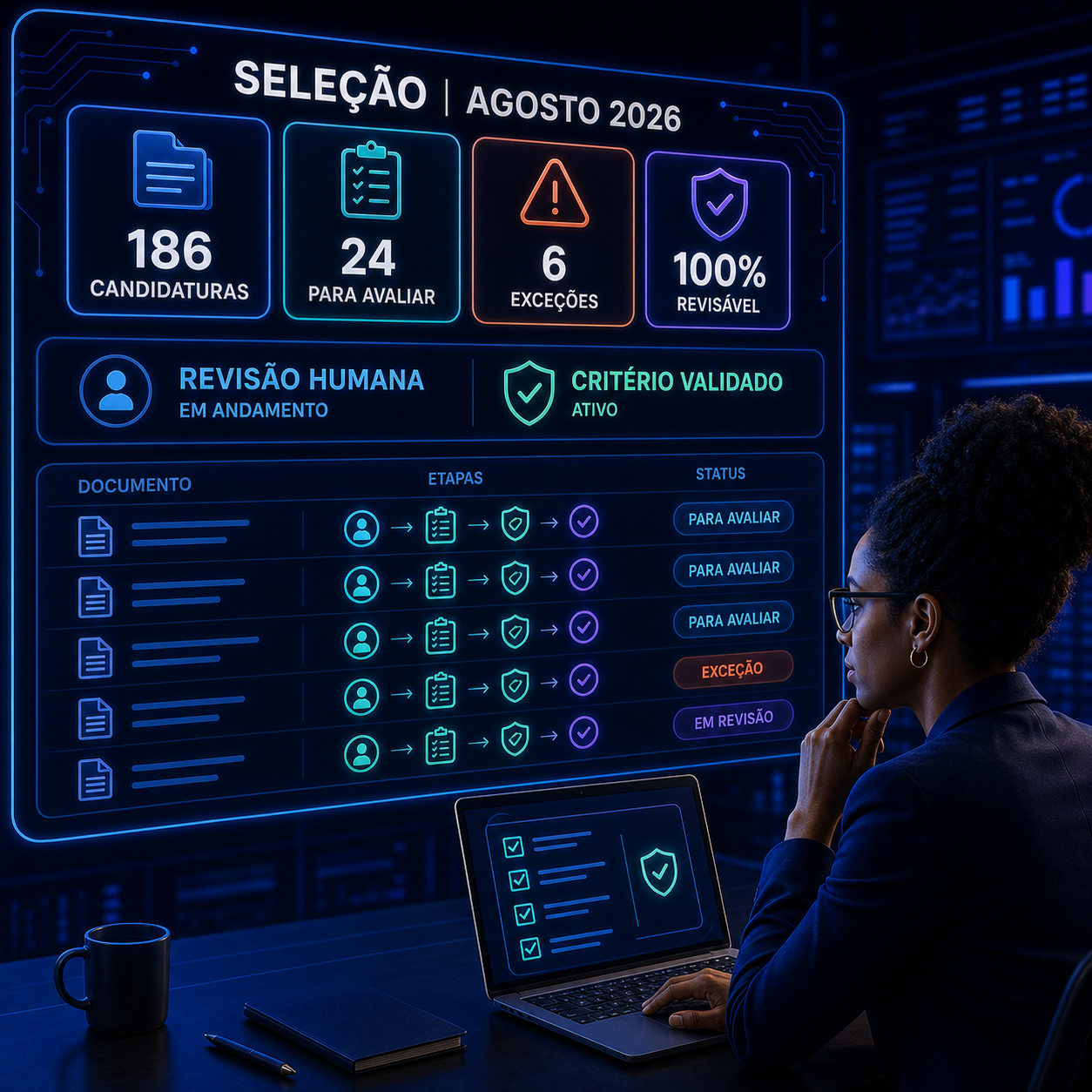 Painel de recrutamento exibindo candidaturas, itens para avaliar, exceções e revisão humana sem nomes ou pontuação facial