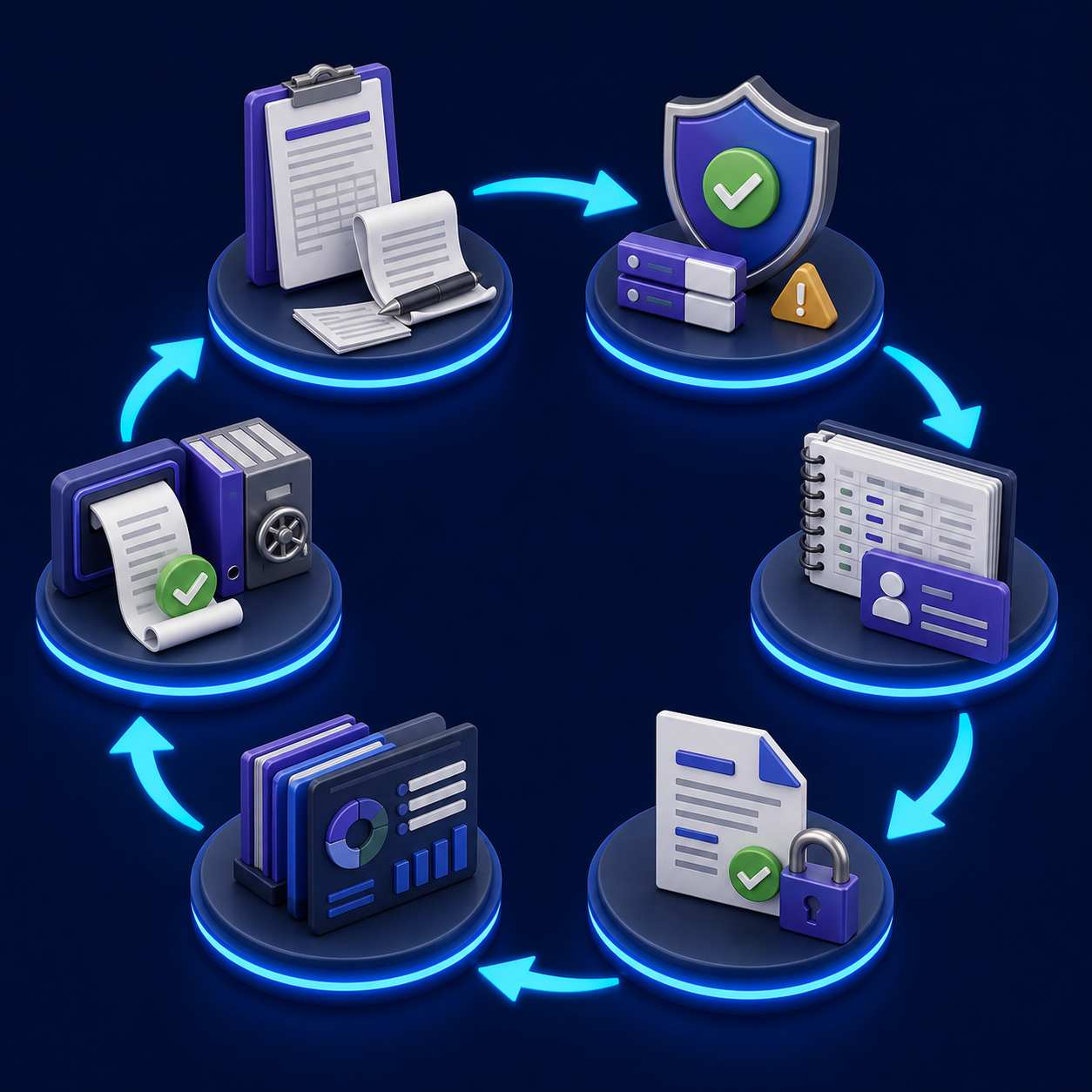 Fluxo em seis etapas entre documento, regra, conciliação, escrituração, declaração e pagamento de retenções