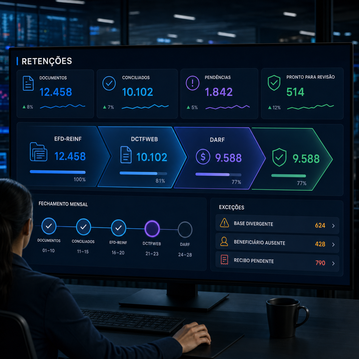 Painel operacional de retenções com documentos, EFD-Reinf, DCTFWeb, DARF, fechamento e exceções