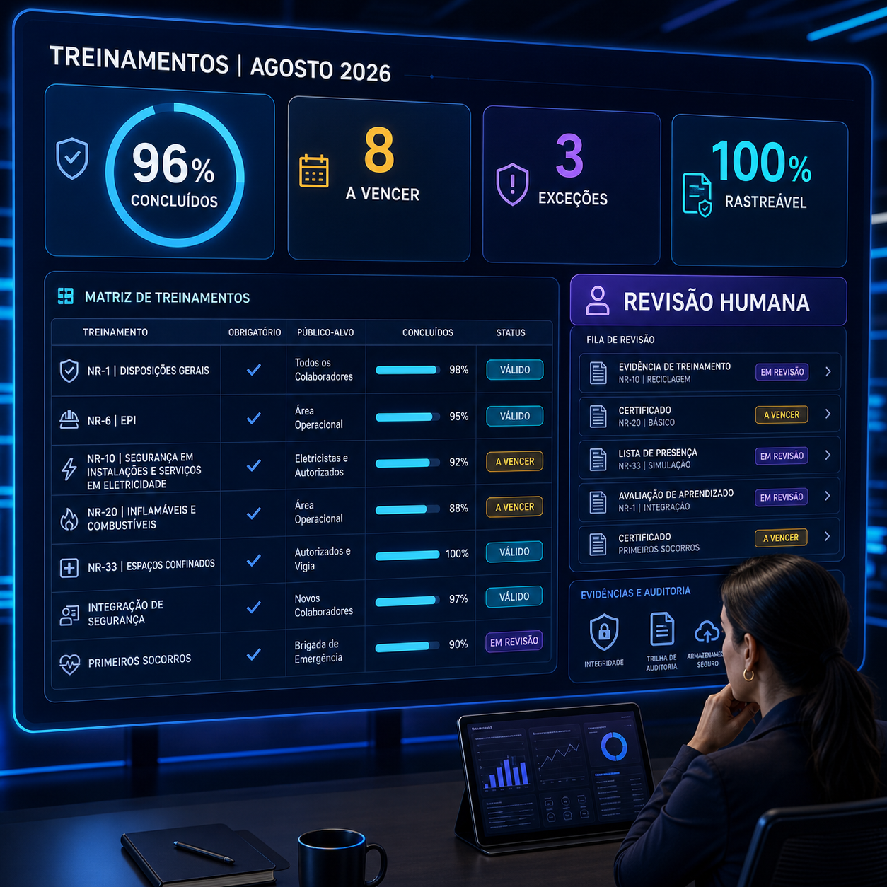 Painel de treinamentos exibindo conclusão, certificados a vencer, exceções, matriz e revisão humana