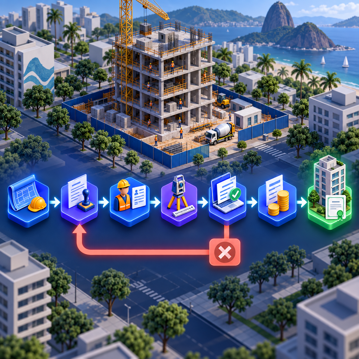 Fluxo visual conecta cadastro, documentos municipais, mão de obra, aferição, declaração, pagamento e certidão