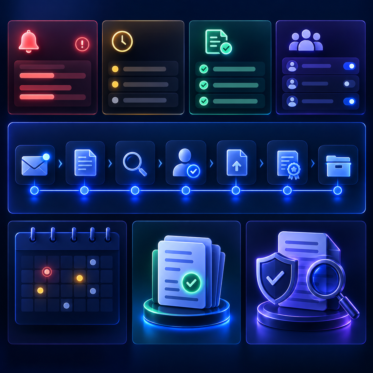Painel de controle com alertas, responsáveis, prazos, envios e evidências do DET