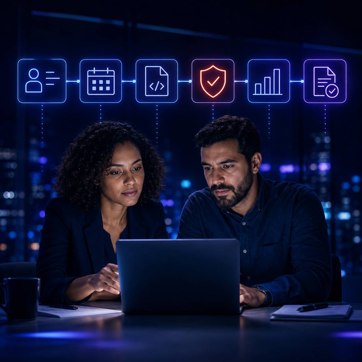 Profissionais revisando uma rotina automatizada do eSocial com governança