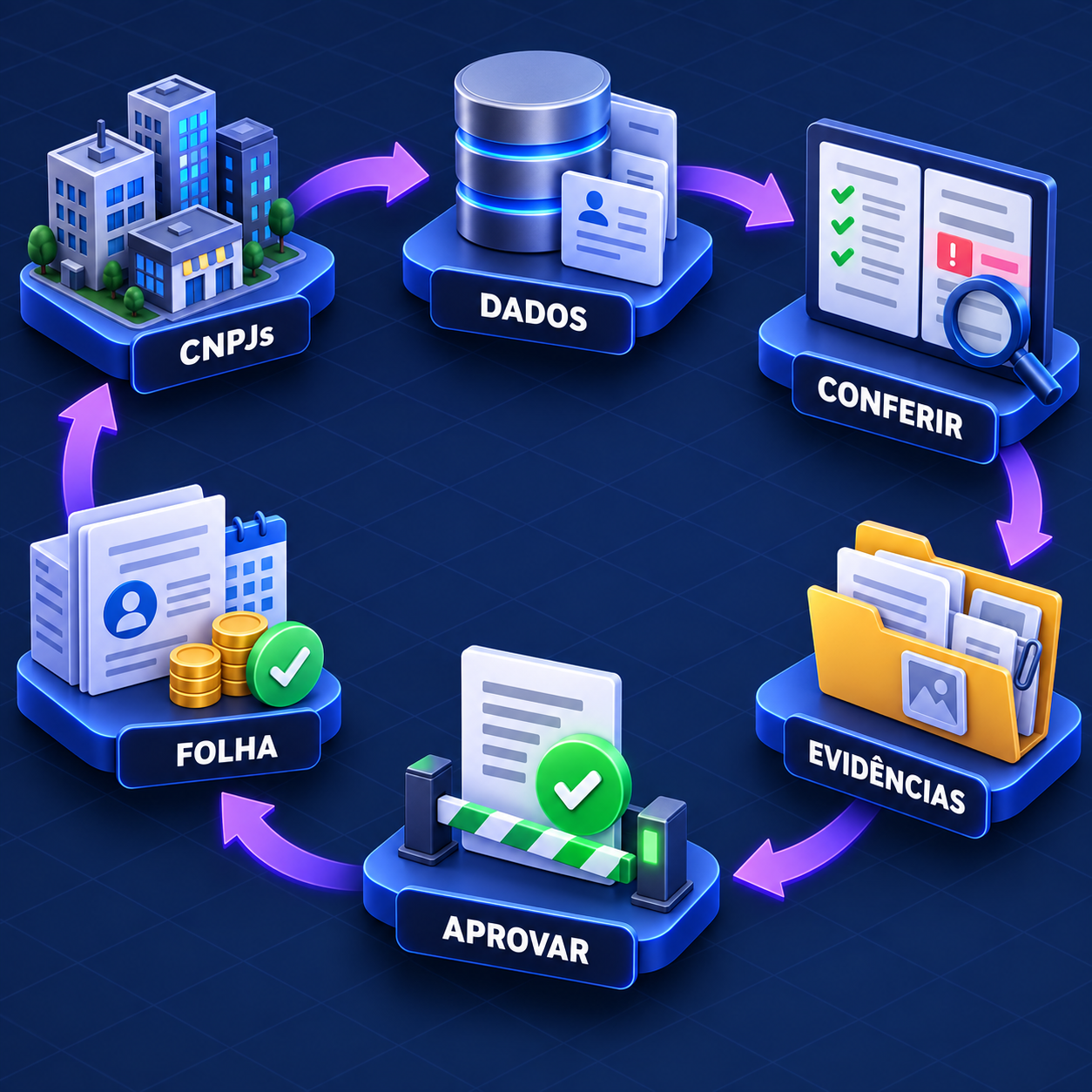 Fluxo de seis etapas para inventariar CNPJs, organizar dados, conferir cálculo, reunir evidências, aprovar e reconciliar a folha